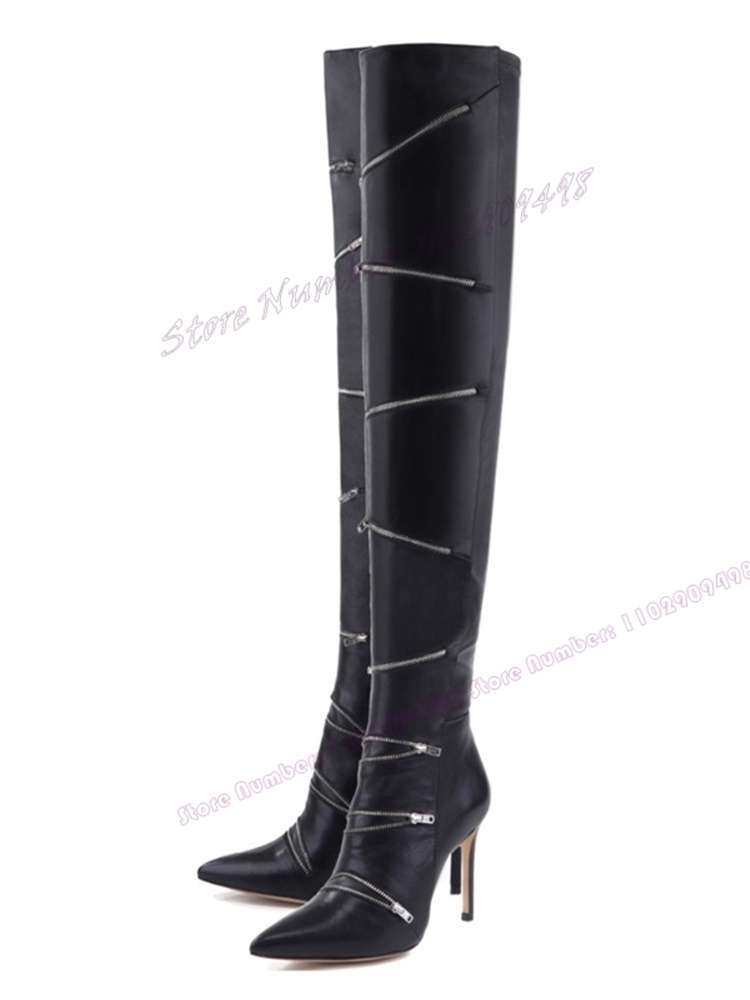VCSHOES Black Zipper Decor Knee High Boots Knee High Pointed Toe Shoes For Women Stilettos High Heels Shoes Zapatos Para Mujere
