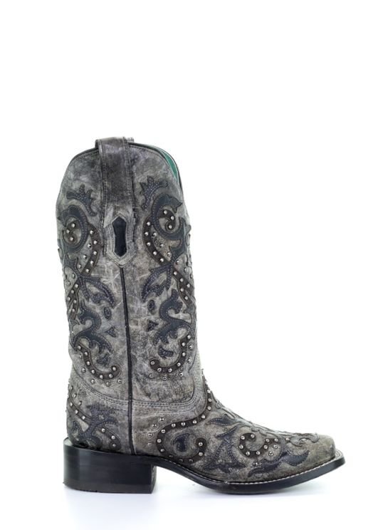 CORRAL GRAY/BLACK OVERLAY & STUDS WOMEN'S WESTERN BOOT-A3676