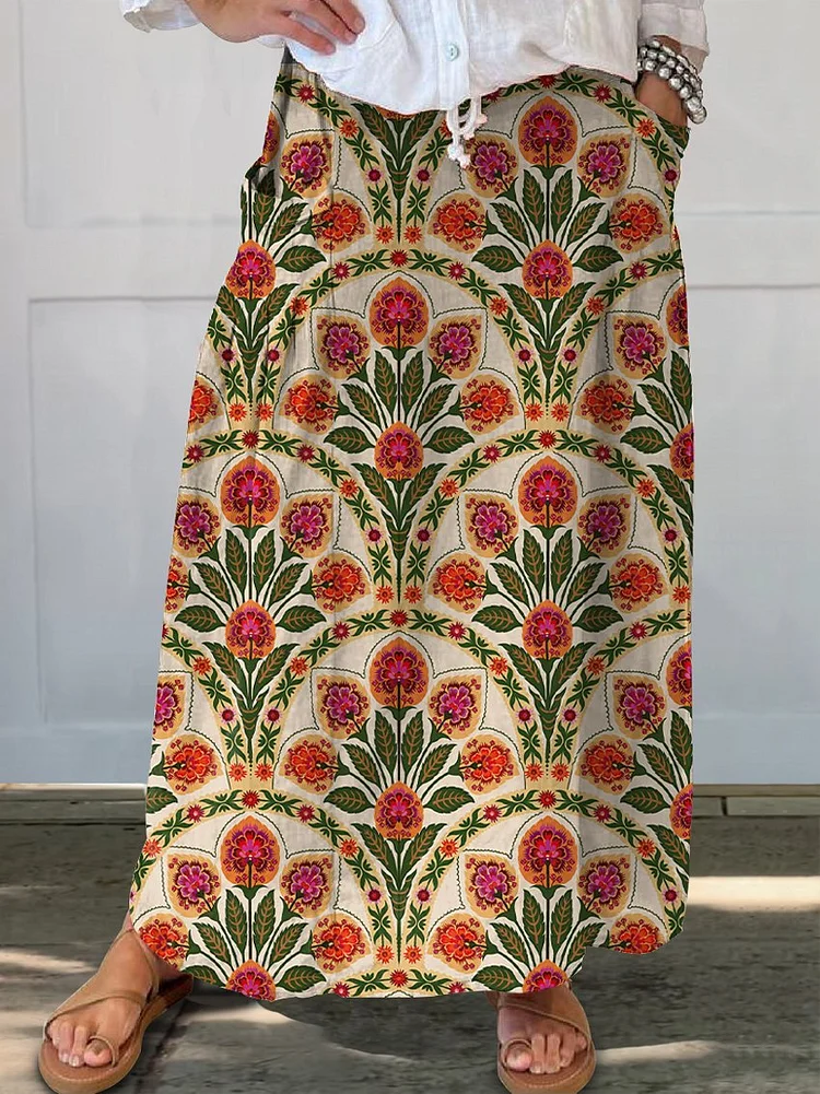 Women's Floral Art Noveau Linen Pocket Skirt