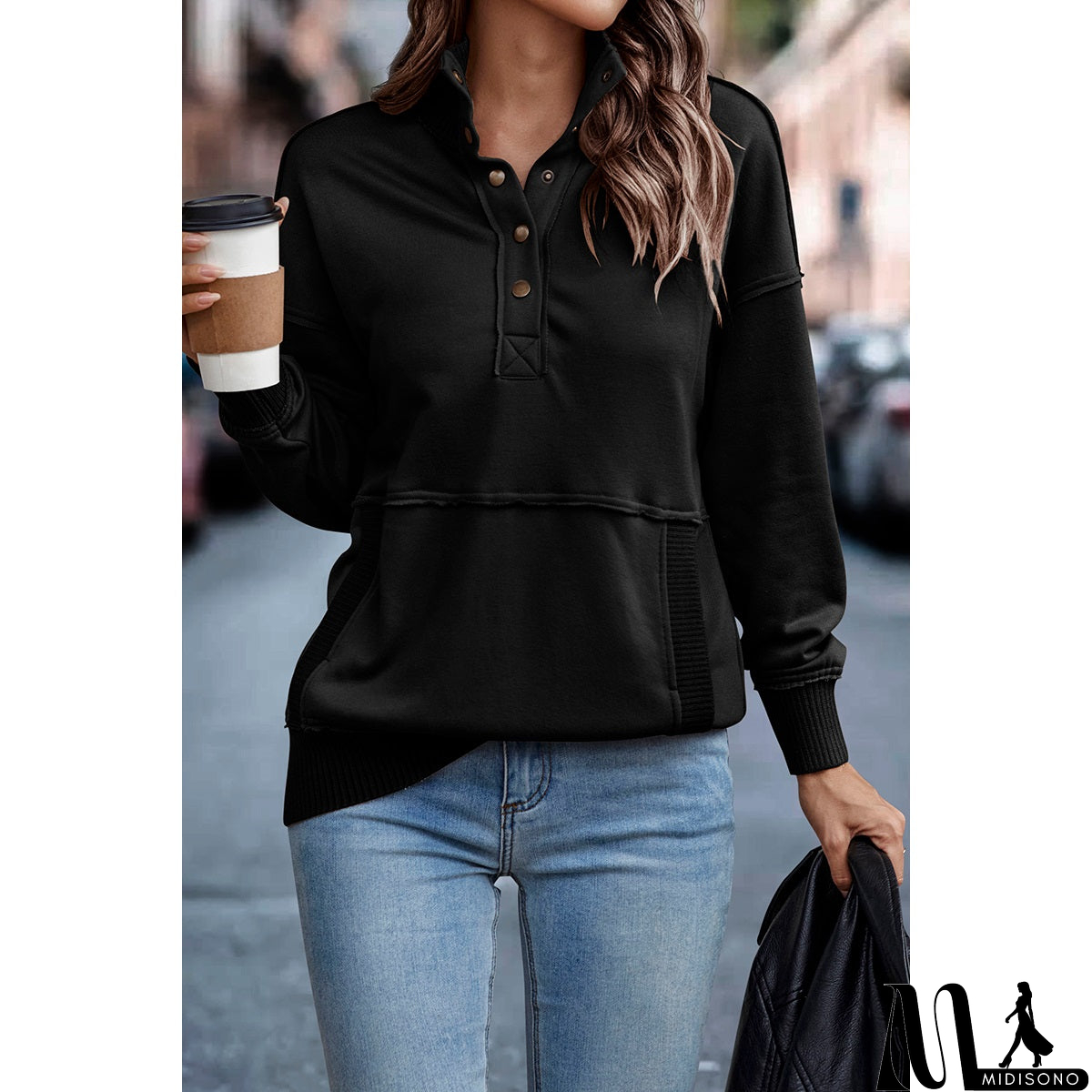 MidiSono - Chic Collared Block Button-Up Sweater