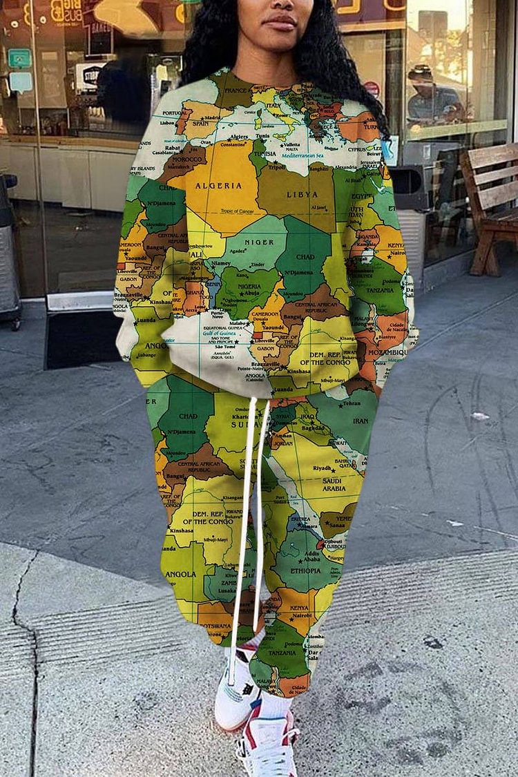 Xpluswear Plus Size Casual Map All Over Print O Neck Long Sleeve Two Pieces Sweatpants Set