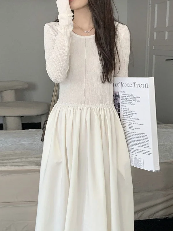 Crew Neck Pleated Long Sleeve Swing Dress