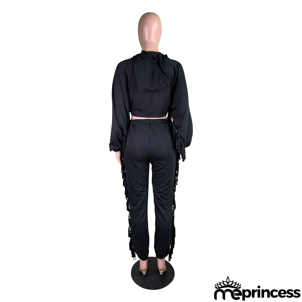 Sports Casual Hoodie Tassel Two-piece Set