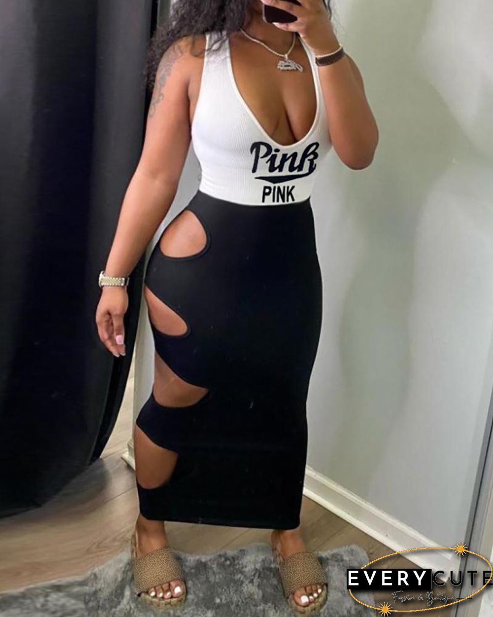 Letter Print Ladder Cutout Colorblock Maxi Dress