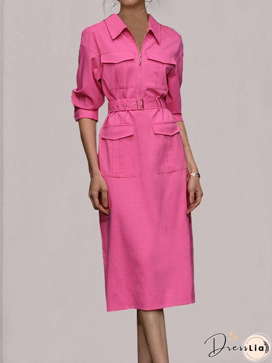 Pink Belted Midi Shirt Dress