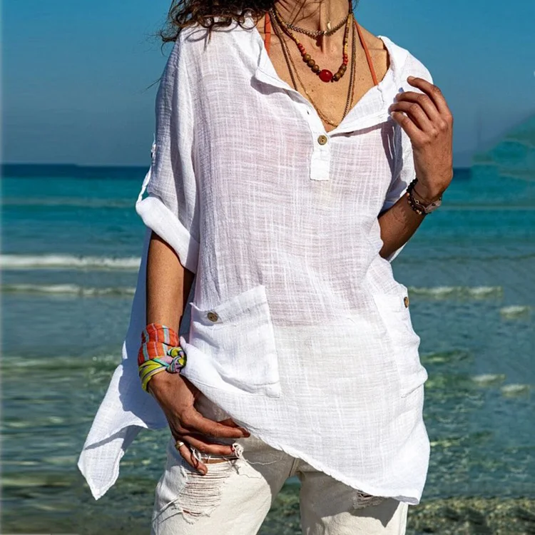 Solid Color Pocket Irregular Hem Cotton Linen Shirt
