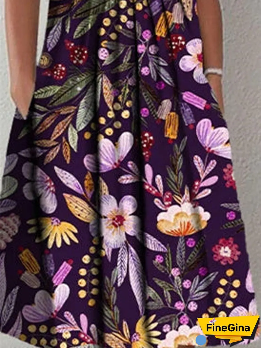 Women Short Sleeve Scoop Neck Floral Printed Pockets Midi Dress