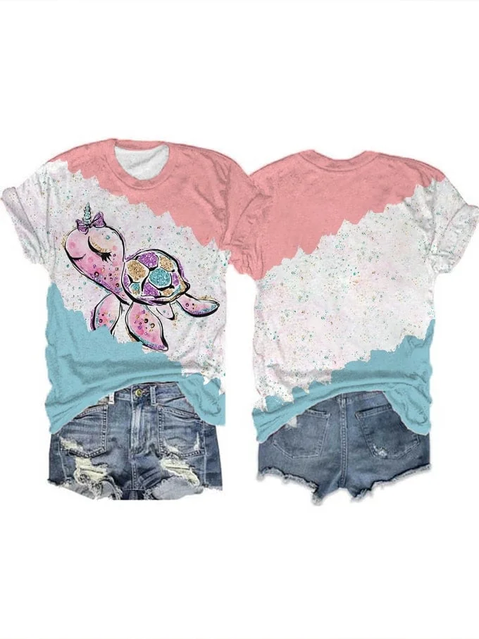 🔥Buy 3 Get 10% Off🔥Women's Cute Shiny Unicorn Sea Turtle Contrast Print T-Shirt