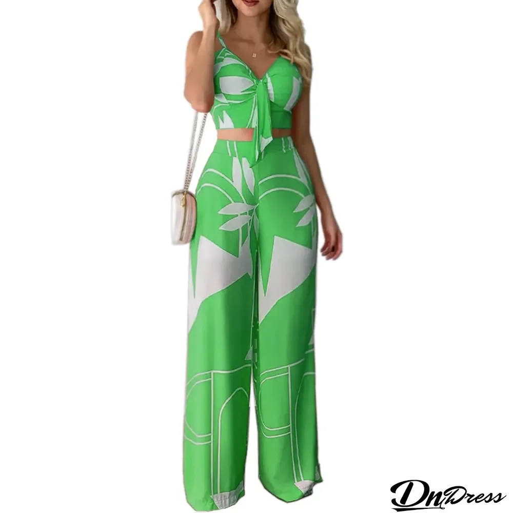 Women Summer Sexy Tube Top And Tie Loose Wide Leg Pants Print Two Piece Set