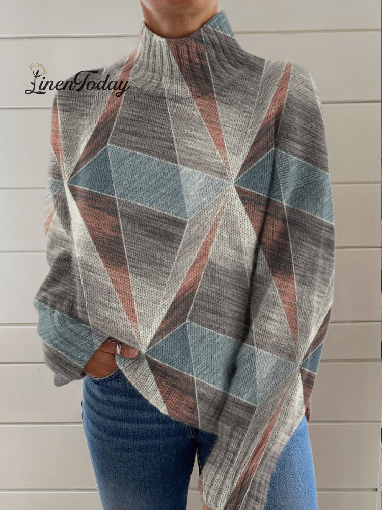 Rhombus Geometric Decorative Pattern Knit Turtleneck Pullover Sweater Multicolor / S