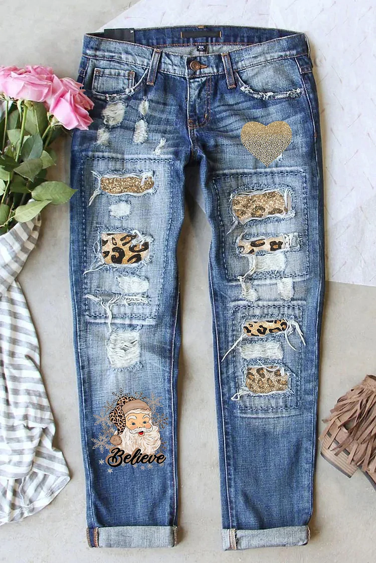 Leopard Christmas Believe Santa Jeans