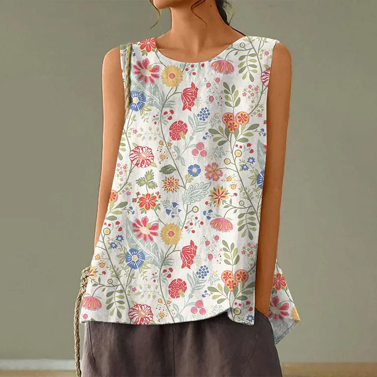 Lunivibe Women's Pastoral Floral Art Print Casual Cotton Linen Tank Top