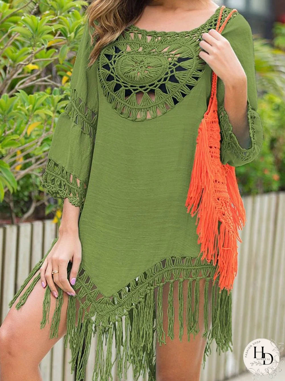 Hollow-out Tassel Design Blouse Solid Beach Dress （4 Colors) P12355