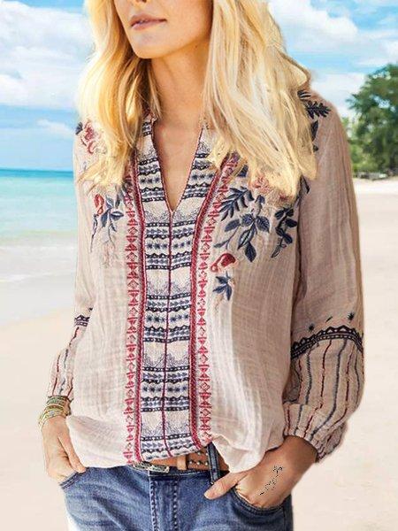 Cotton-Blend Casual V Neck Long Sleeve Shirts & Tops