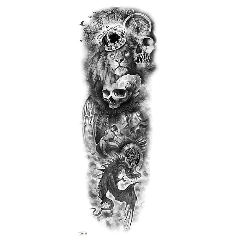 Large Arm Sleeve Tattoo Lion King Clock Outfit Rose Waterproof Temporary Tatto Sticker Skull Body Art Full Fake Tatoo Women Men