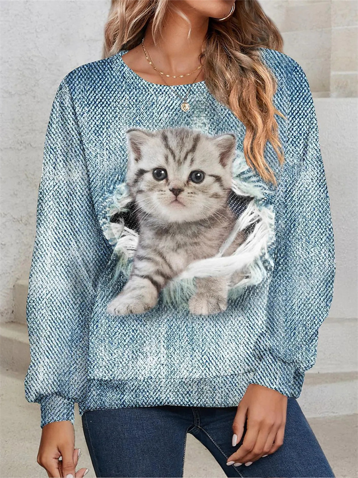 Women's Hot Animal Pattern Kitten Cat Pattern Printed Round Neck Long Sleeve Sweatshirt Womens