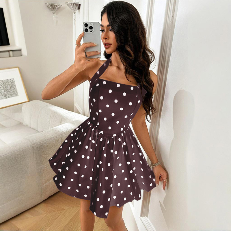 Women's Halter Black White Polka Dot Fit Flare Swing Mini Dress