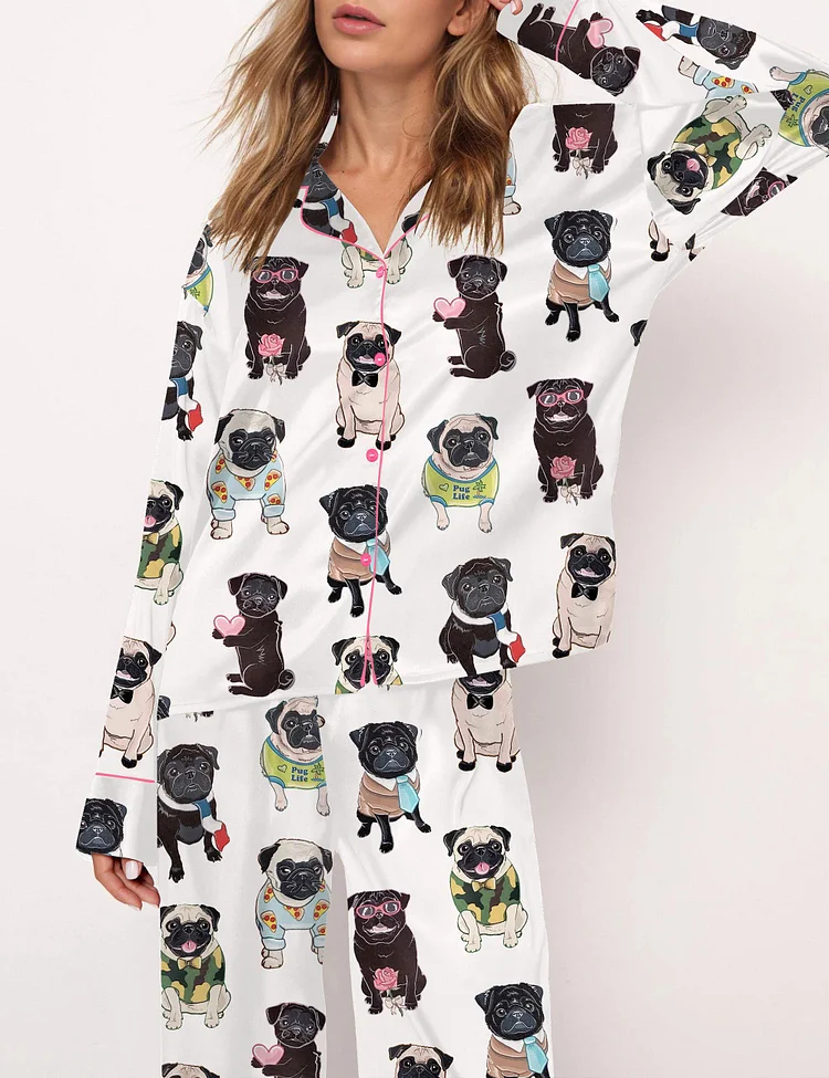 Cute Pug Silky Satin Pajama Set For Women