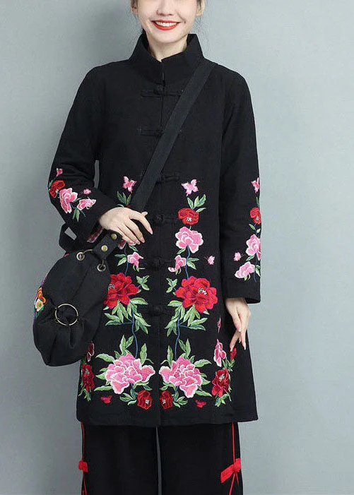 Black Cotton Coats Embroideried Oriental Button Fall