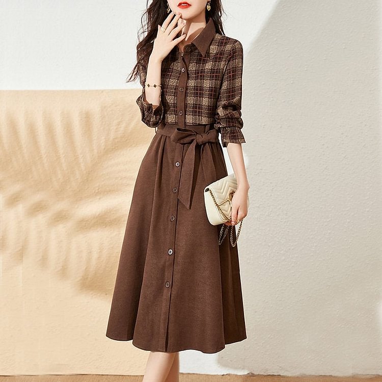Coffee Long Sleeve Checkered/plaid A-Line Dresses
