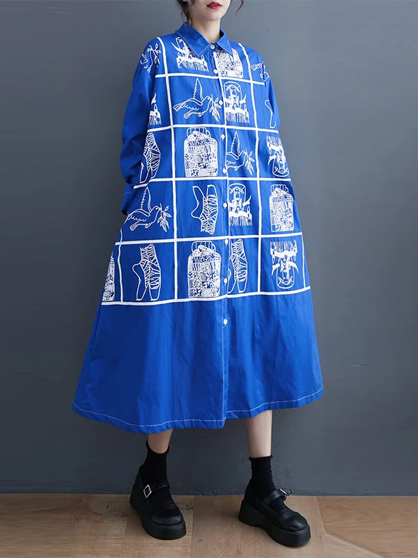 Vintage Roomy Long Sleeves Buttoned Cartoon Stamped Contrast Color Lapel Collar Midi Dresses