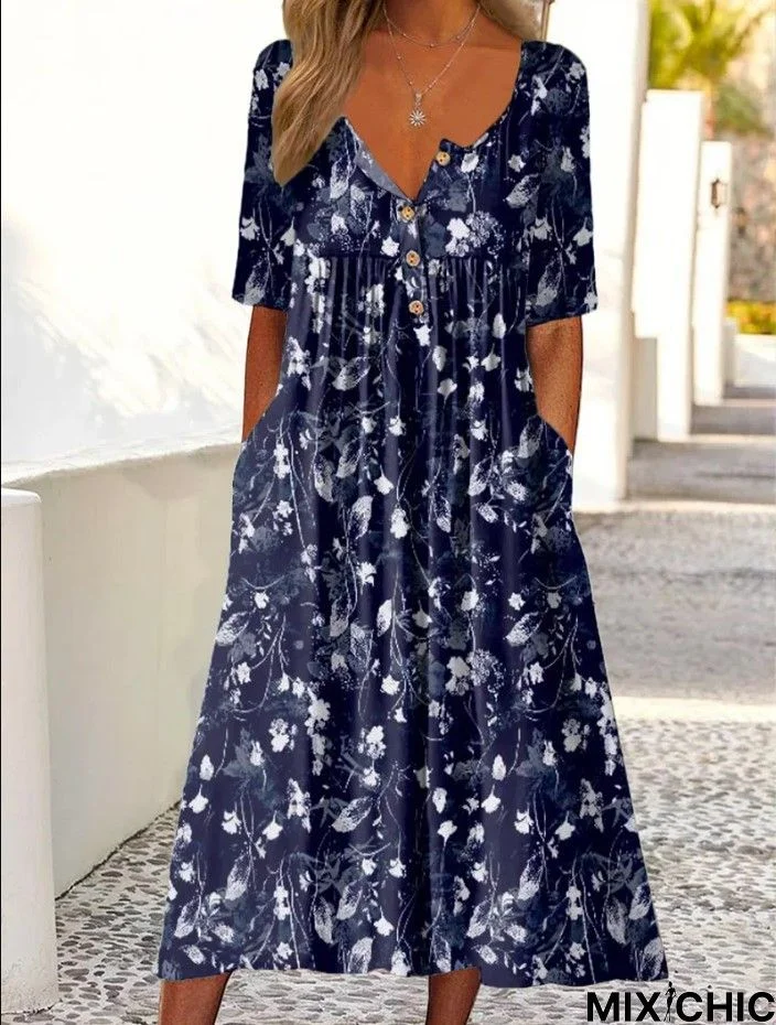 Women Casual Floral Autumn Micro-Elasticity Daily Midi Best Sell H-Line Regular Dress