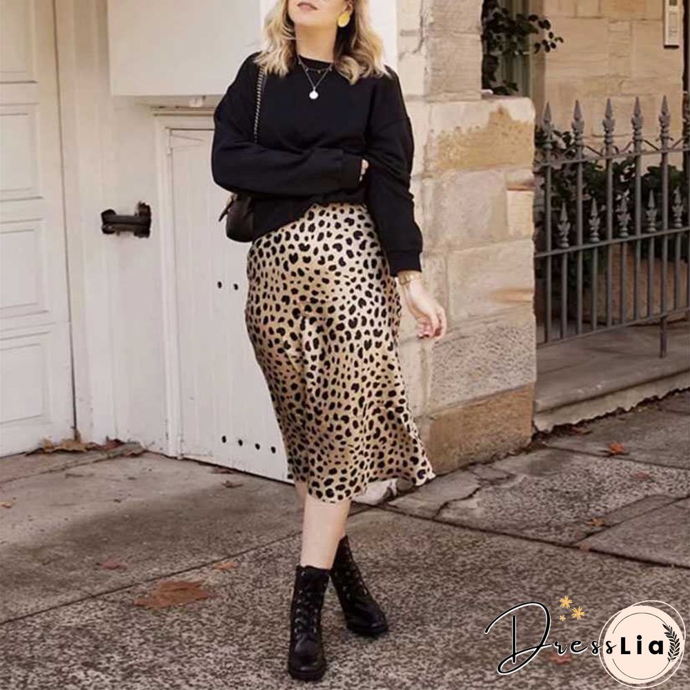 Retro Elastic Band High Waisted Leopard Print Satin Midi Skirt