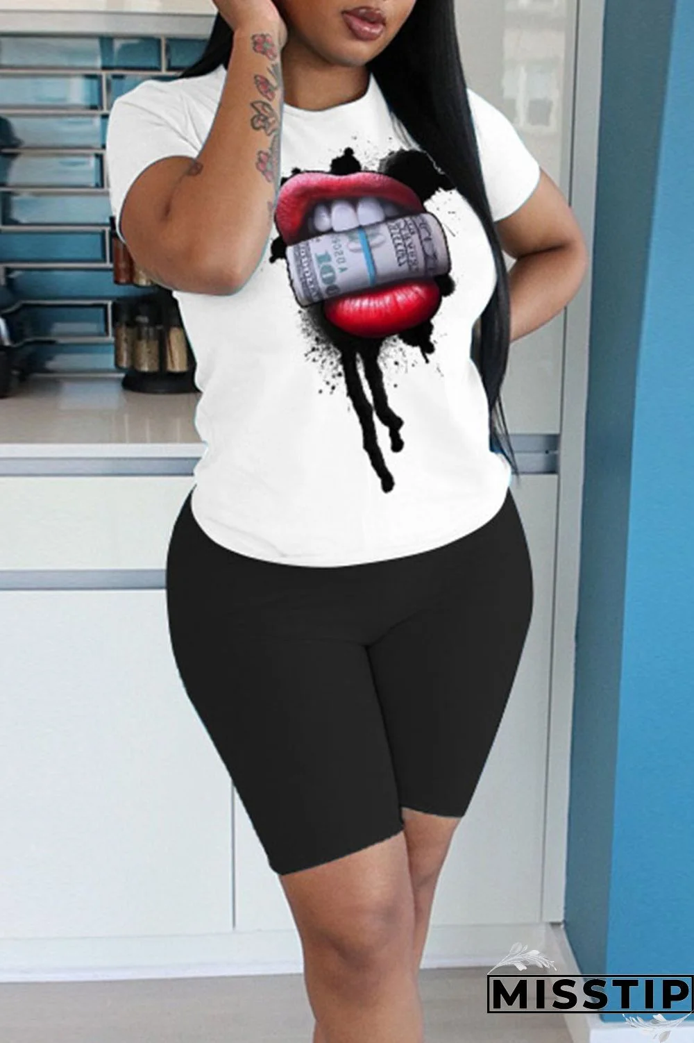 Black Casual Print Patchwork O Neck Short Sleeve Two Pieces