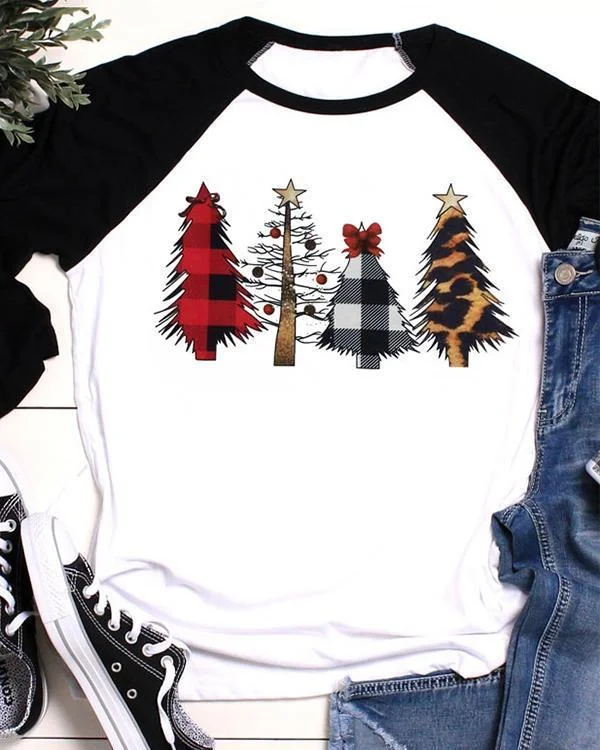 Christmas Tree Leopard Printed Baseball T-Shirt Tee