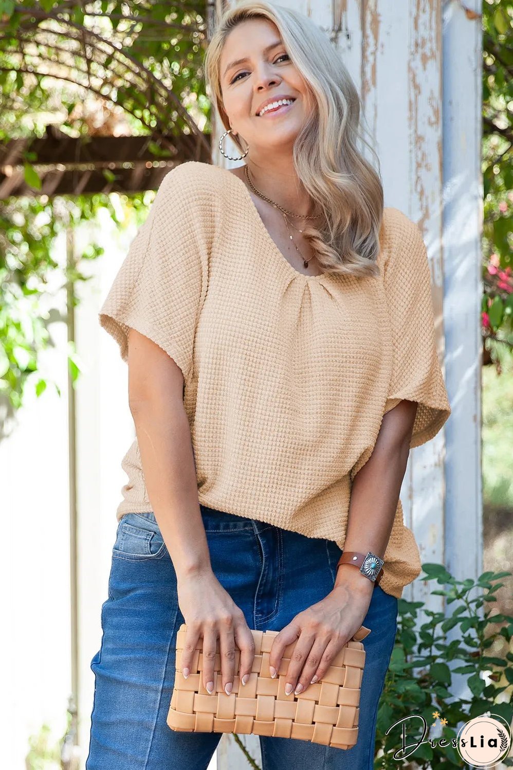 Beige Guipure Lace Insert Textured Plus Size Tee