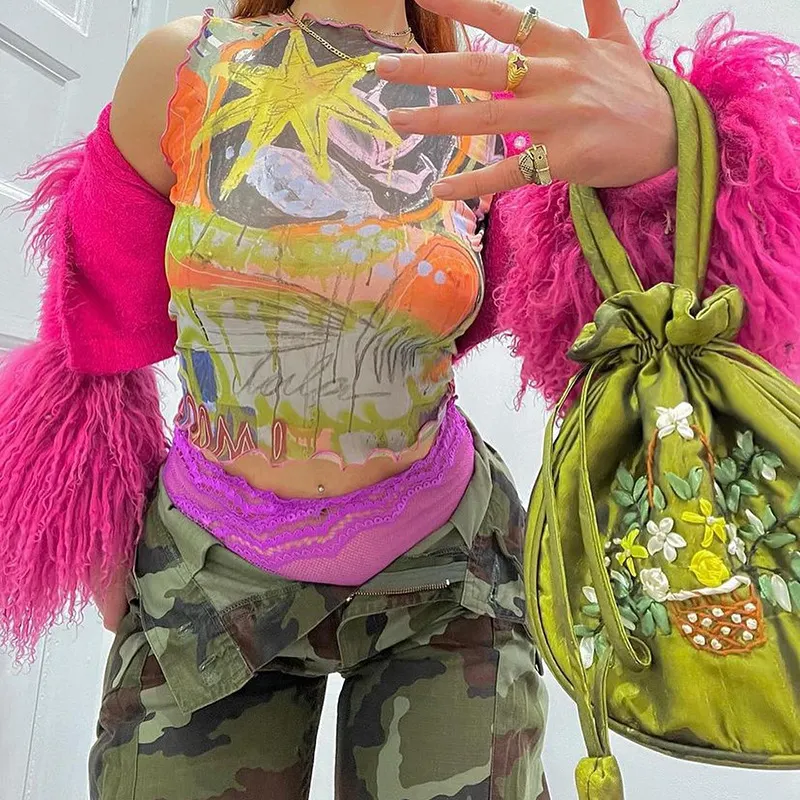 Churchf 2024 Round Collar Collar Head Sleeveless Print Wood Ear Exposed Umbilical Women's Screen Top Vest