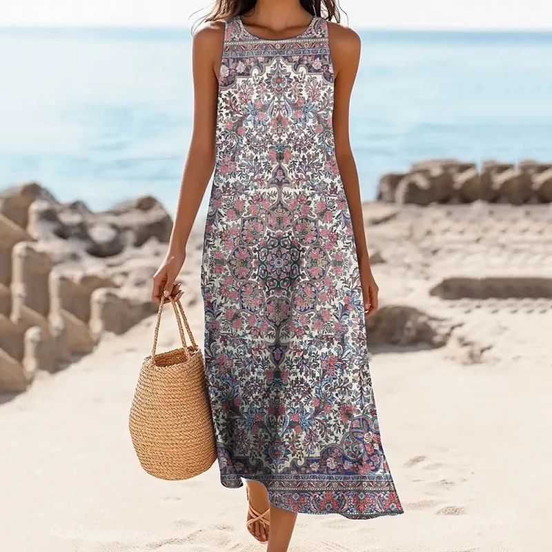 Women's Vintage Ethnic Floral Print Linen Blend Tank Midi Dress