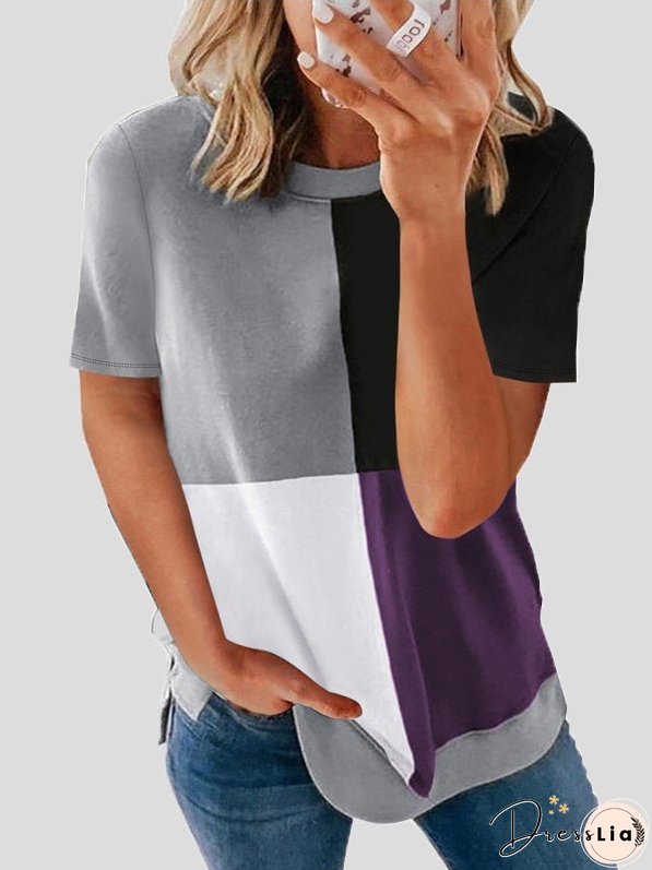 T-Shirts Casual Color Matching Round Neck Short Sleeve T-Shirt for Women