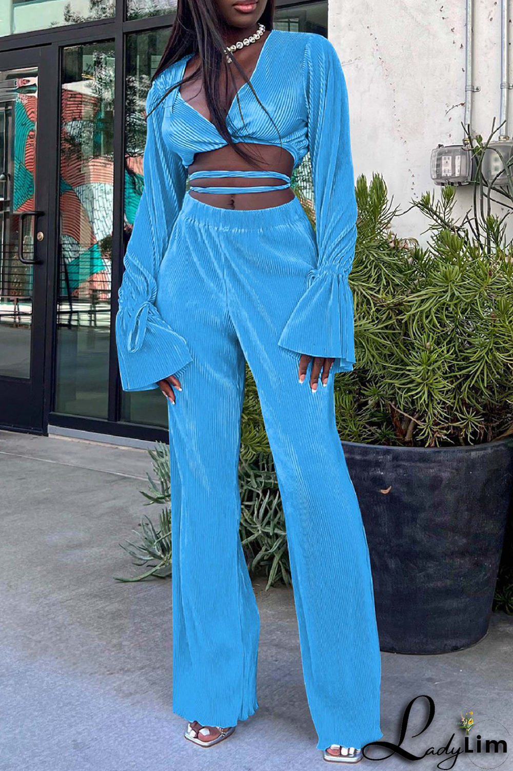 Red Casual Solid Fold O Neck Long Sleeve Two Pieces