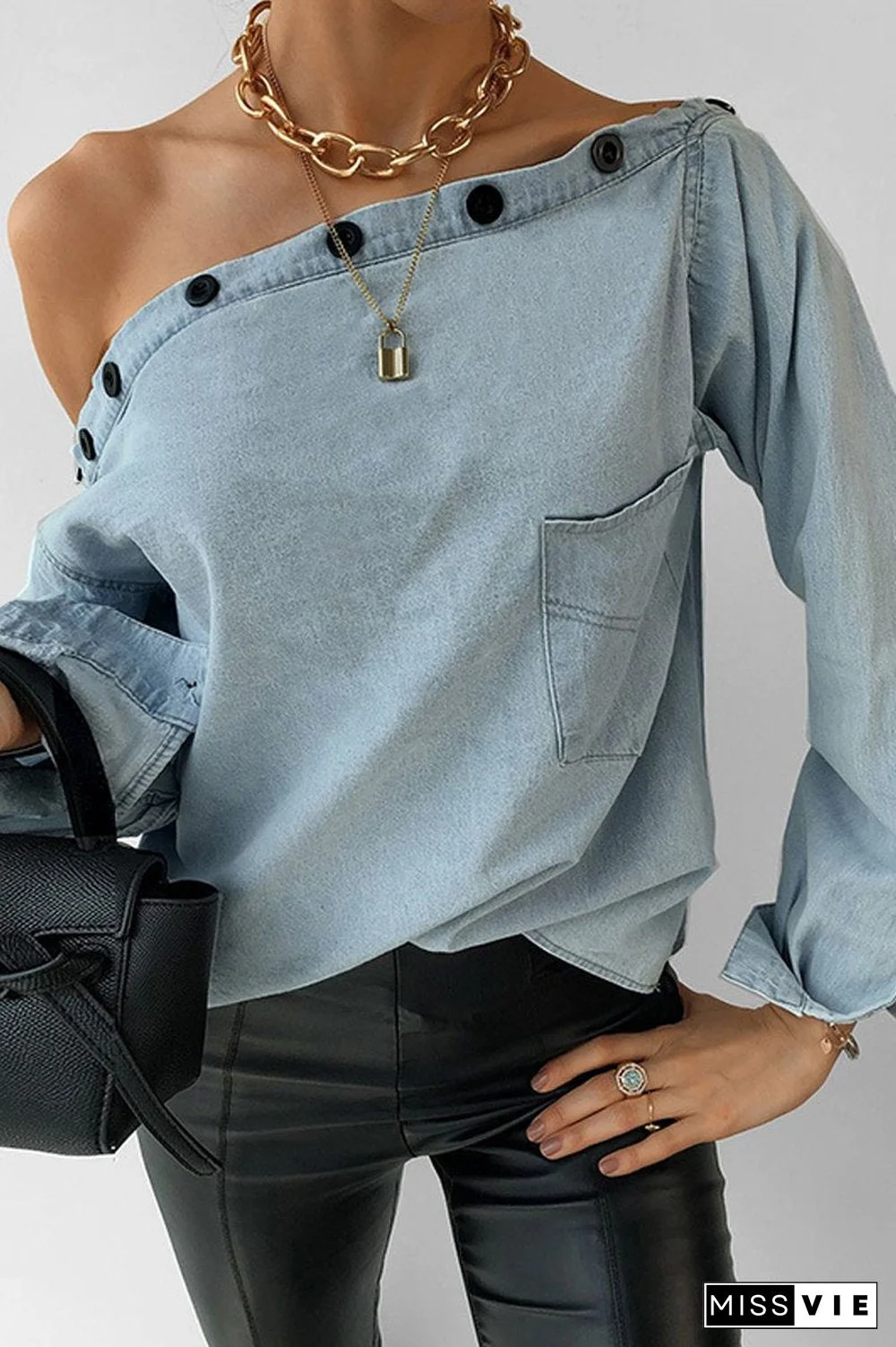 Denim Button Skew Shoulder Blouse