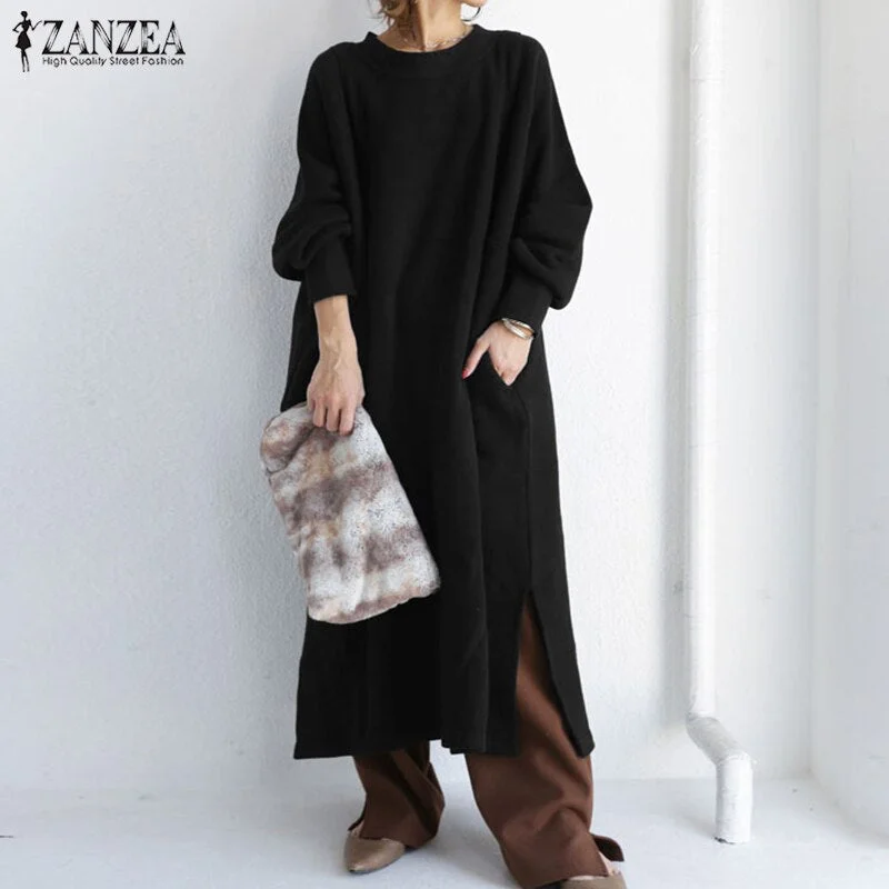 ZANZEA Autumn Winter Sundress Casual Long Sleeve Loose Sweatshirt Dress Split Hem Long Vestidos Solid Baggy Fleece Pullover