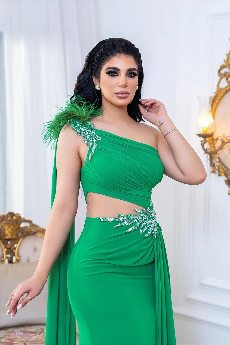 Hellodresses Green Mermaid One Shoulder Sleeveless Beaded Long Pleated Prom Dress With Feather