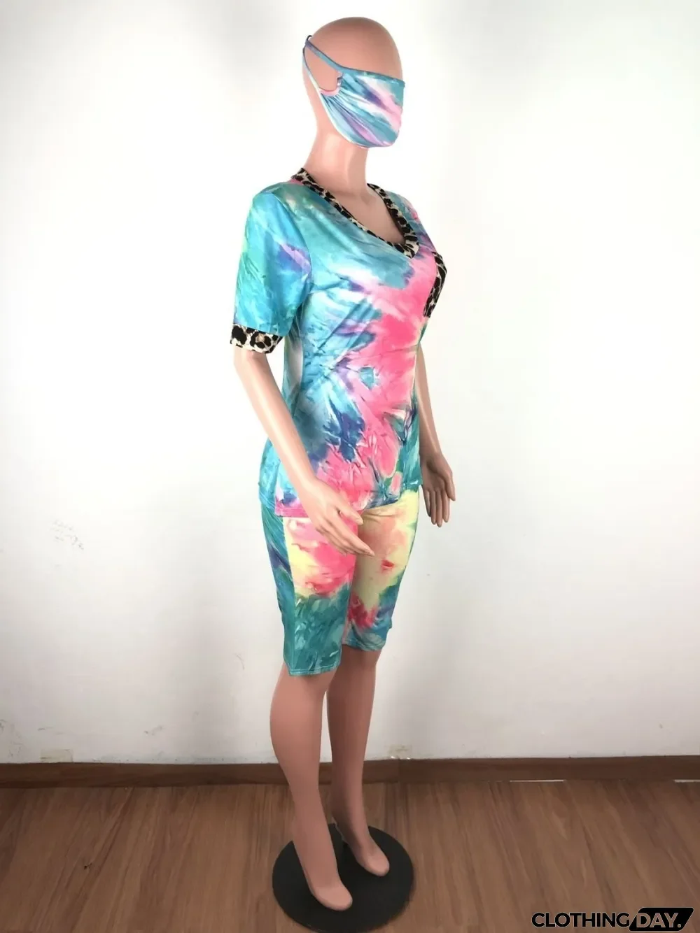 Summer Tie Dye Two Piece Shorts Set with Face Cover