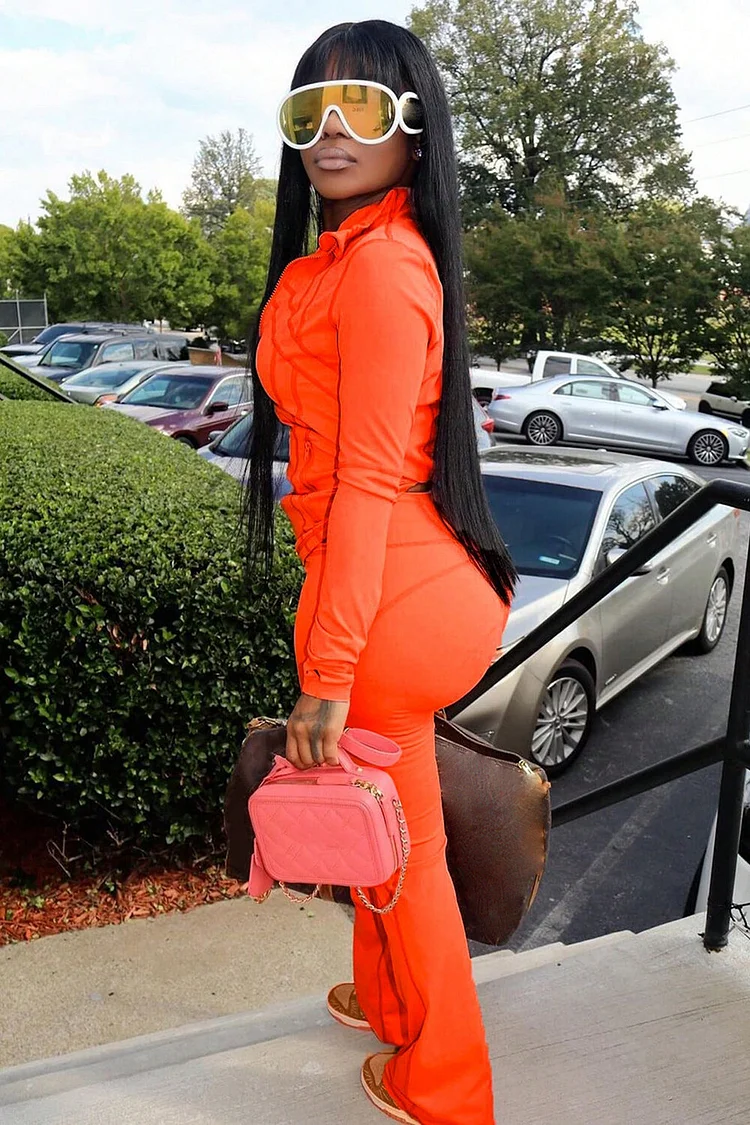 Solid Color Long Sleeve Track Jacket Micro-Flared Pants 2pcs Set-Orange
