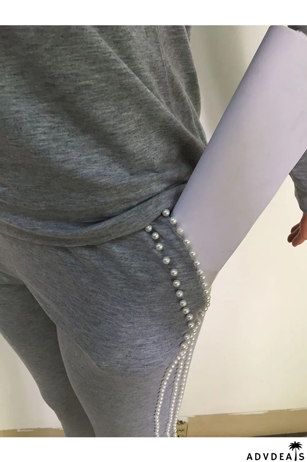 Black Casual Beading Solid Two Piece Suits Patchwork pencil Long Sleeve Two-piece Pants Set