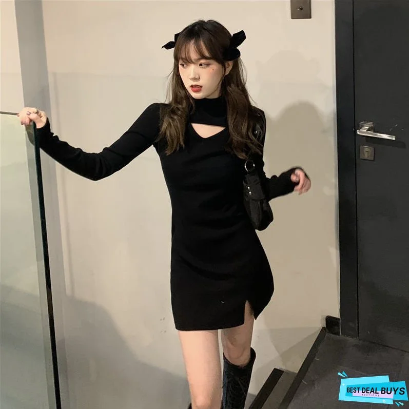 Dress Women Black Mini Long Sleeve Turtleneck Side Split Korean Style Harajuku Punk Slinky Sexy Club Slim Fitness Ladies Fashion