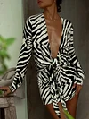 Zebra Stripes Plunging Long Sleeves Mini Dress