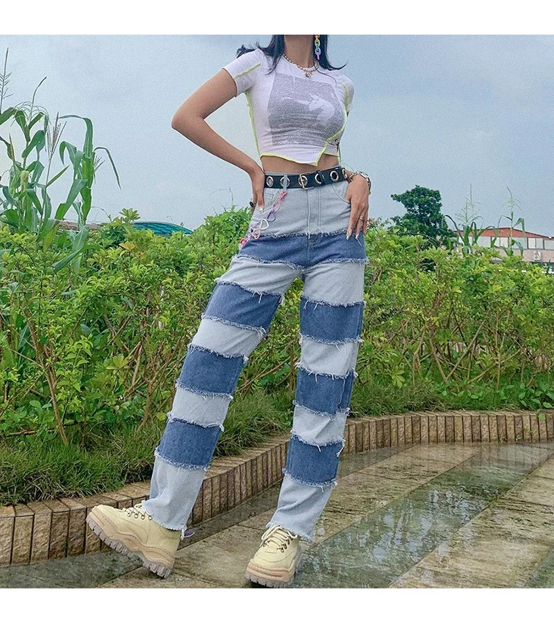 Women High Waist Patchwork Straight Jeans S-L