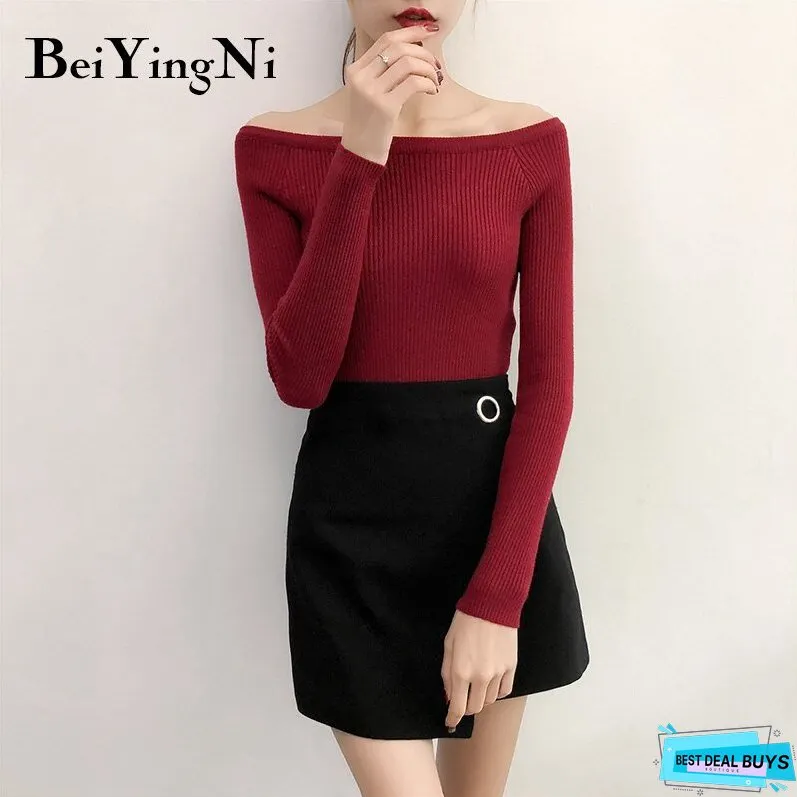Christmas Gift Beiyingni Sexy Sweaters Womens Solid Slash Neck Tops Female Korean Streetwear Basic Sweater Ladies Pullover Autumn Winter Jumper