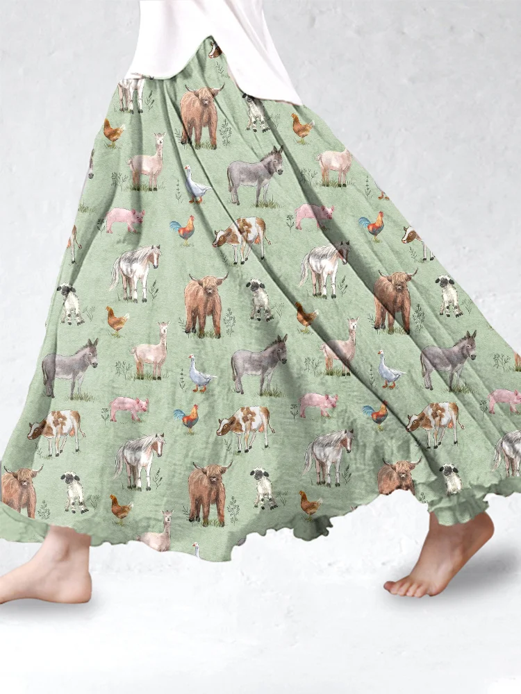 Comstylish Farm Animals Print Cotton Linen Flowy Skirt