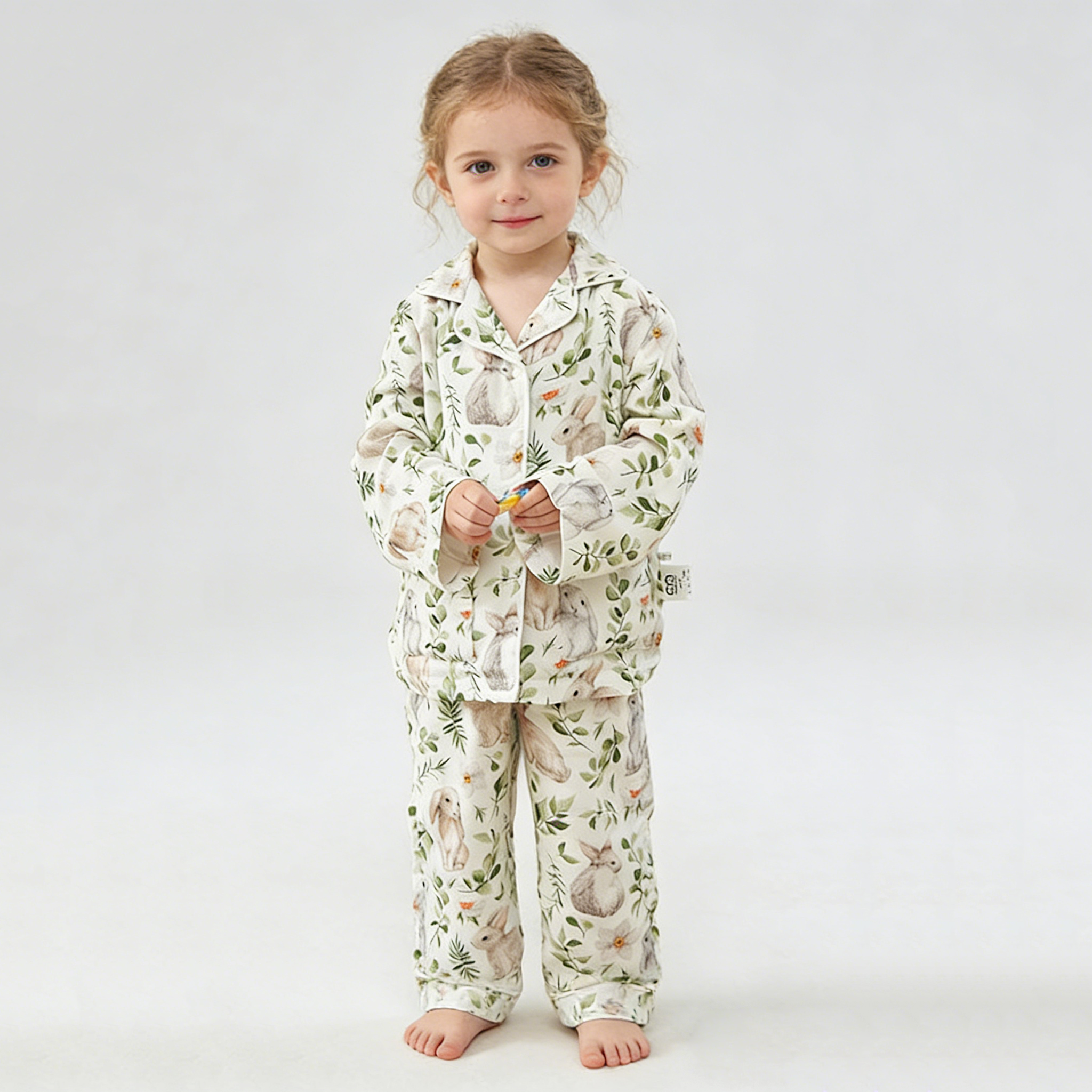 Ethereal Bunny & Greenery Bamboo Fiber Parent-Child Pajamas REAL SILK LIFE