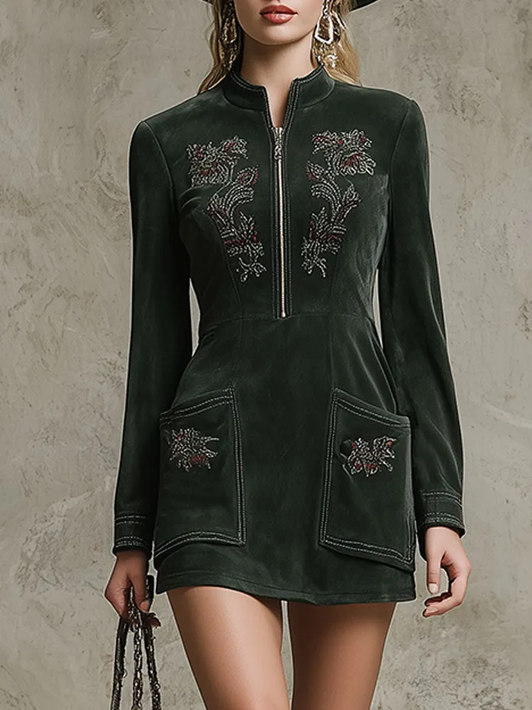Western-style Retro Embroidered Green Faux Suede Mini Dress