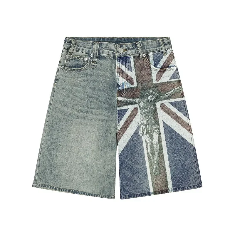 Aonga 2025 Retro zipper printed denim shorts hip-hop trendy men's Y2K summer loose casual couple sweatpants jeans punk Harajuku shorts aonga