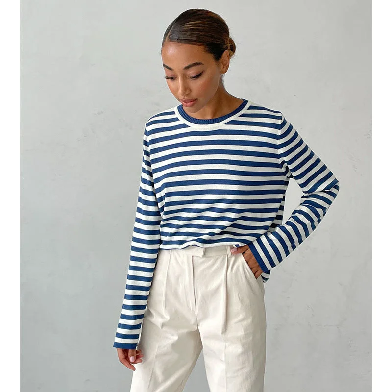 Uveng Knitted Striped Versatile Classic Retro Pullover Sweaters
