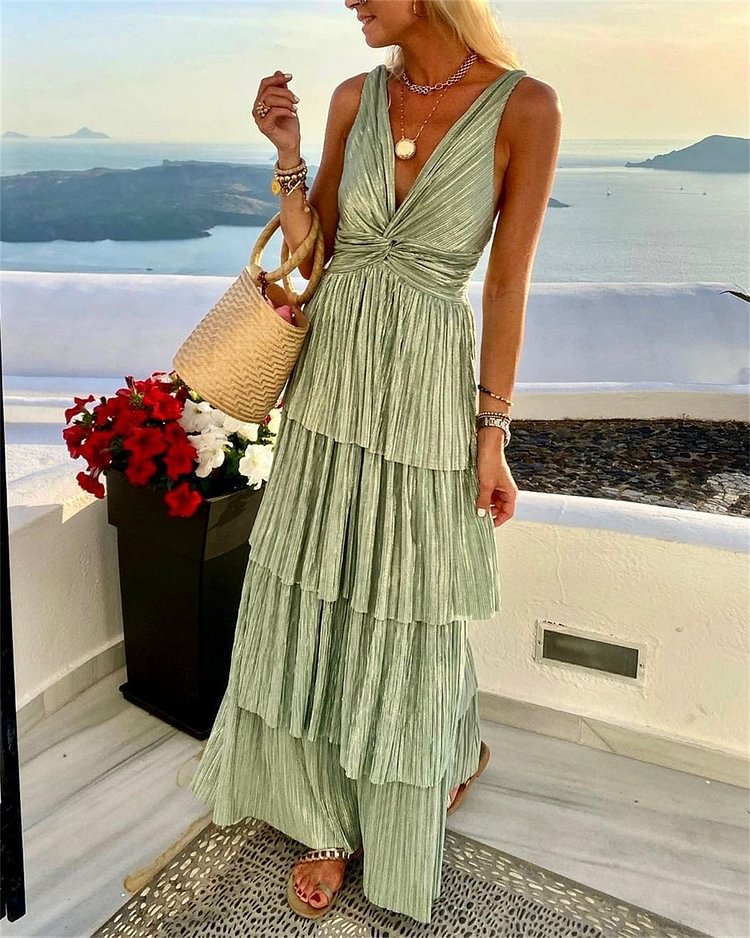 Women's Solid Color V-neck Cake Dress
